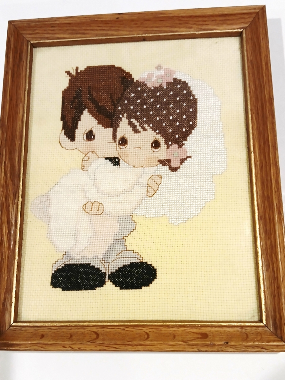 Vintage Handmade Cross-Stitch Wedding Couple Framed Art - Brown & Cream
